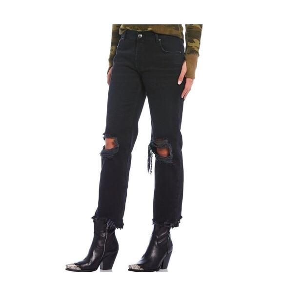 Free People We The Free 27 Black Distressed Frayed Mid Rise Maggie Straight Jean - Picture 3 of 15